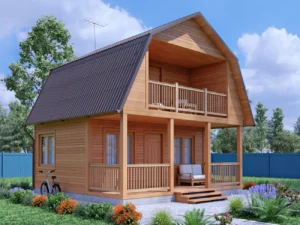 ДОМ ИЗ БРУСА 6×6 «ДБ15» (75 кв.м., 2 этажа, 6 на 6, с балконом, террасой и мансардой)